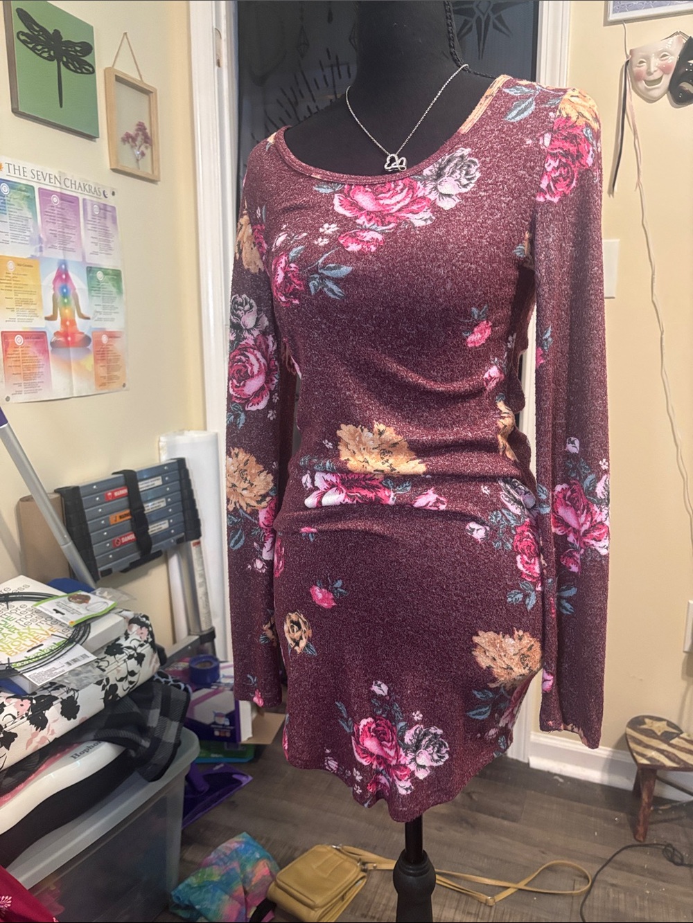 Women's Long-Sleeve Floral Wine Dress